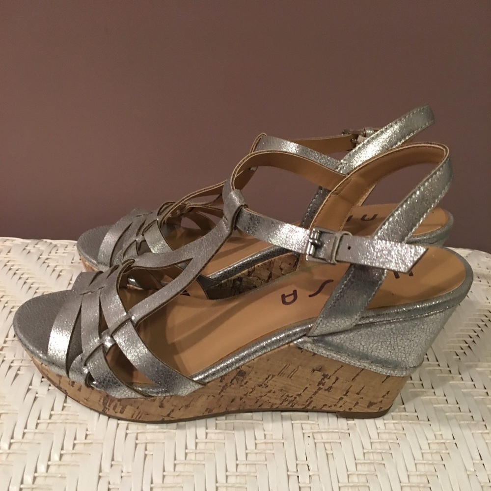 NEW UNISA Silver Wedge Cork Sandals 7.5M